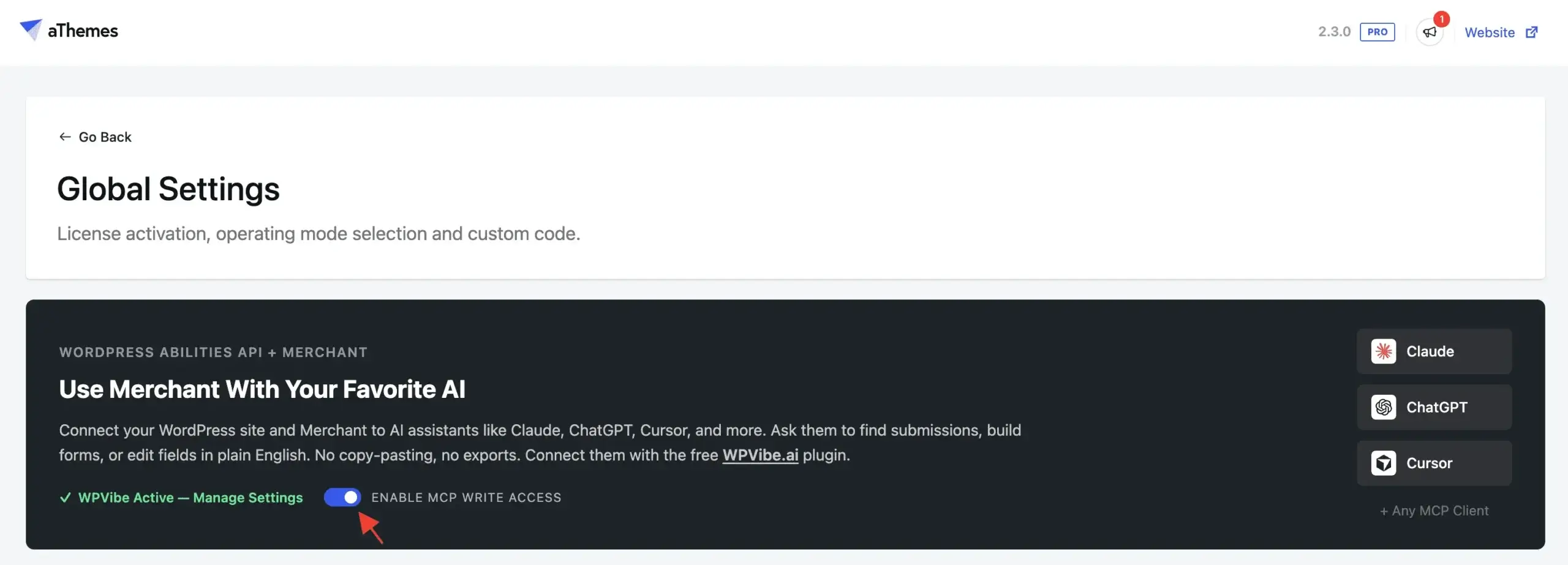 AI write-access toggle in Merchant's Global Settings