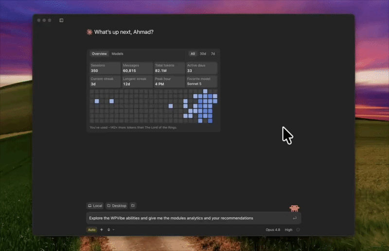 Screenshot of a dark dashboard window on a computer desktop, titled 'What’s up next, Ahmad?' with a grid of blue squares representing activity, a white cursor near the right, and a blurred landscape wallpaper in the background.