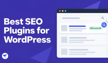 Promotional banner: 'Best SEO Plugins for WordPress' with a purple background and a mock browser window showing a 'SEO score 92' badge on the right