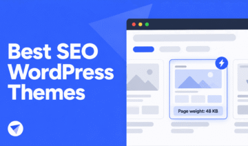 Blue banner with bold white text 'Best SEO WordPress Themes' and a white website layout mockup on the right.