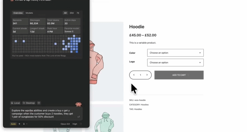 Split-screen: left shows a dark analytics dashboard with blue bars; right shows a hoodie product page with Color and Logo dropdowns, a quantity selector, and Add to cart button.