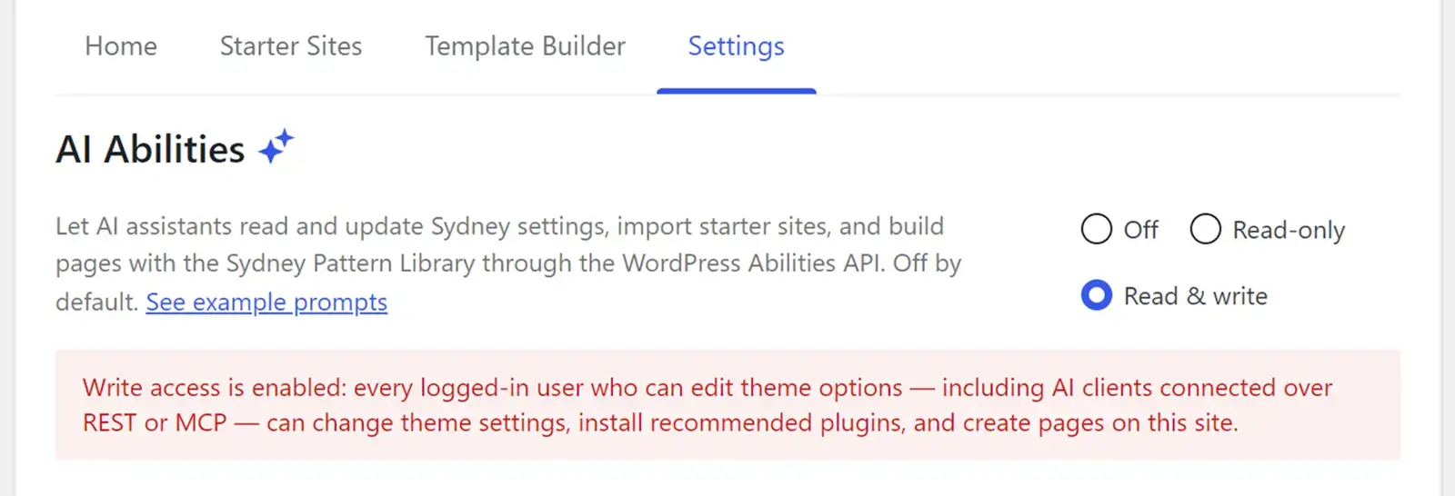 the AI Abilities access modes in Sydney's Theme Dashboard