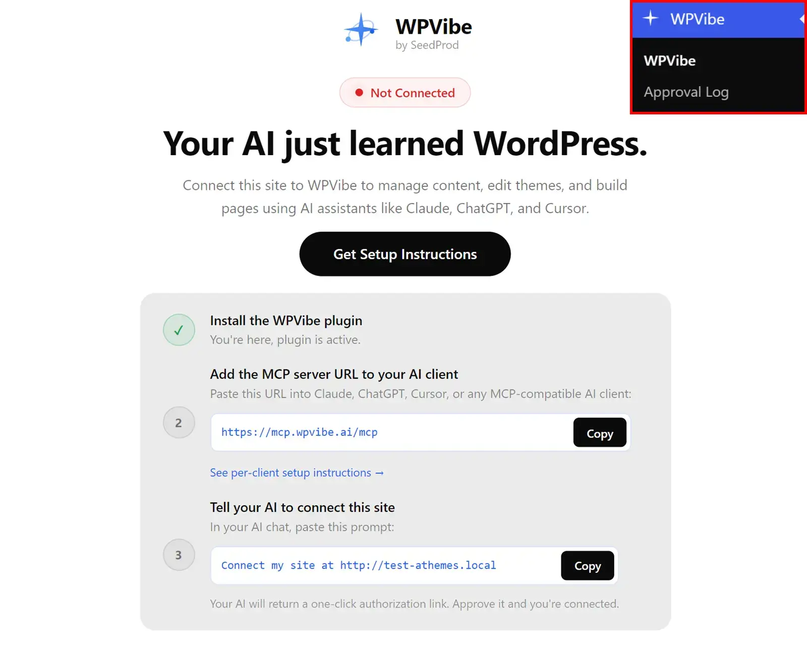 WPVibe connection page
