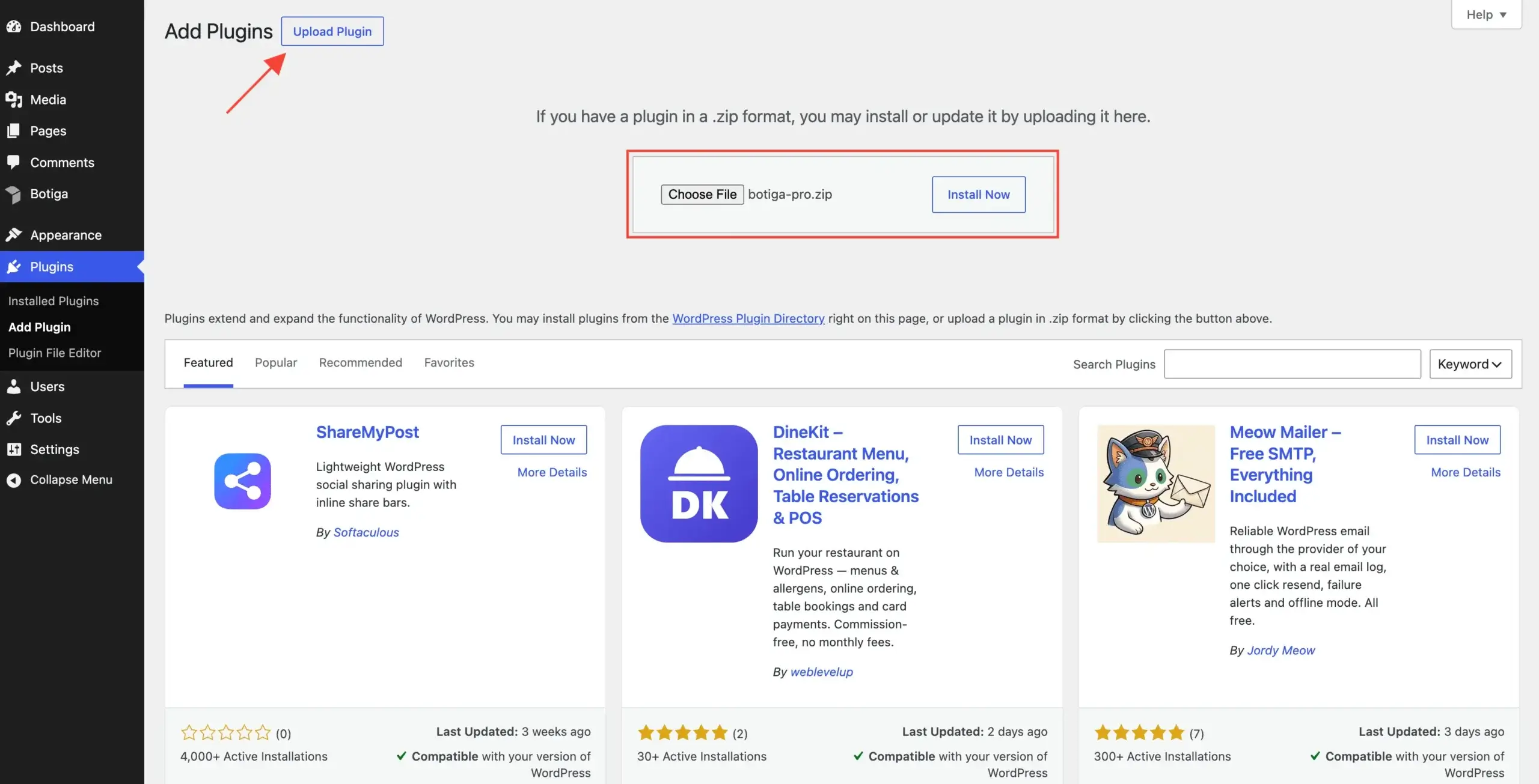 Install and activate the Botiga Pro plugin