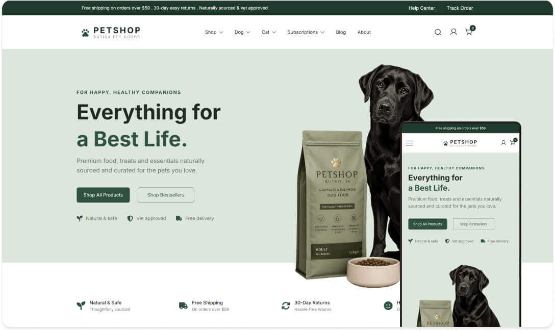 PetShop homepage hero: black dog beside a bag of dog food and a bowl on a pastel green background with the headline “Everything for a Best Life” and two green call-to-action buttons