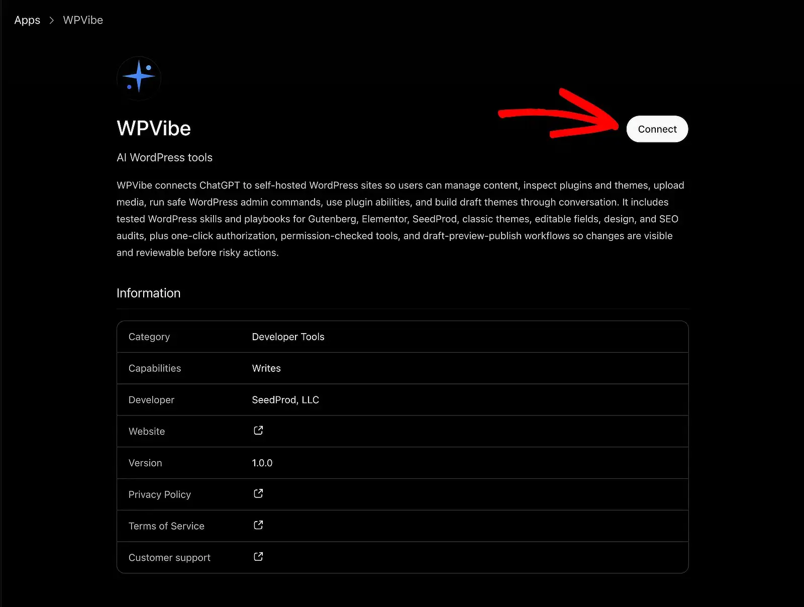 Open the WPVibe app and click the Connect button in the top corner