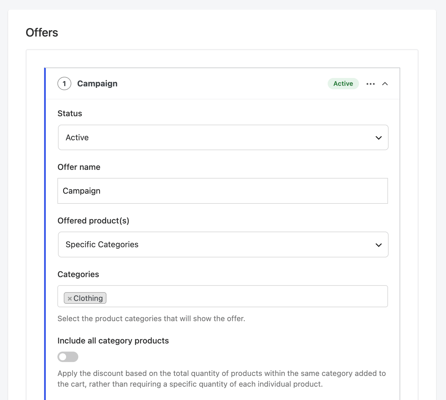 Offers form UI showing a Campaign with status set to Active, fields for Offer name (Campaign) and Offered product(s) (Specific Categories), and category filters including Clothing with a toggle option.