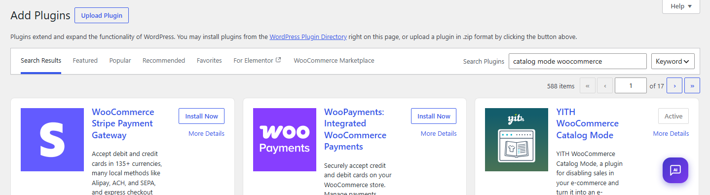 WordPress plugin search results showing three plugin cards: Stripe Payment Gateway, WooPayments, and YITH Catalog Mode with Install buttons and descriptions behind them