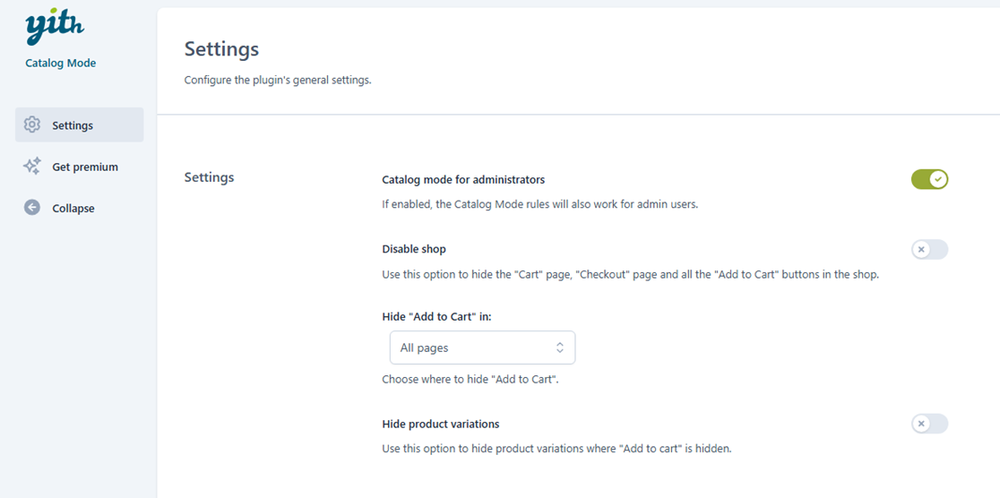 Screenshot of YITH plugin Settings page with Catalog mode options and toggles on a light admin panel.