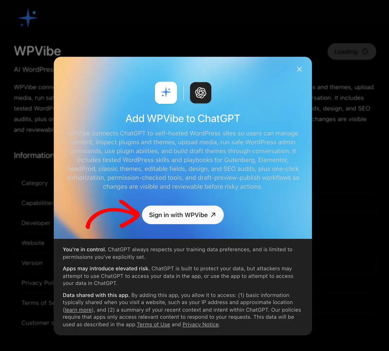A window titled Add WPVibe to ChatGPT appears, so click Sign in with WPVibe to continue