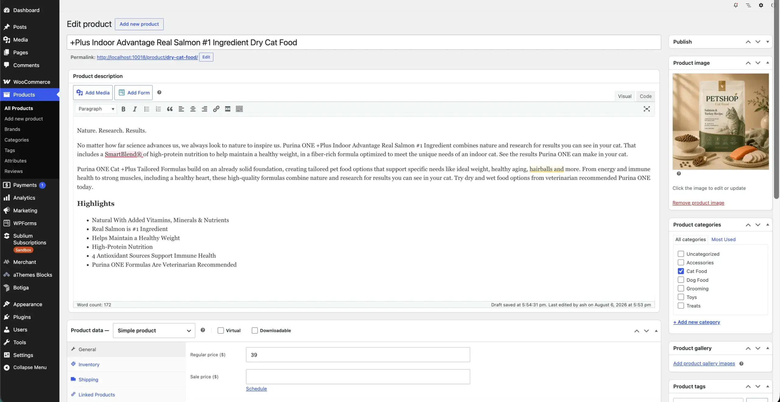 Add New Product screen with a category assigned