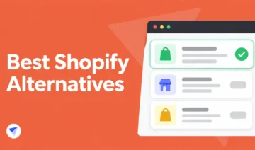 Hero graphic with the text "Best Shopify Alternatives" on an orange background and a stack of browser-style feature cards on the right with icons and checkmarks.
