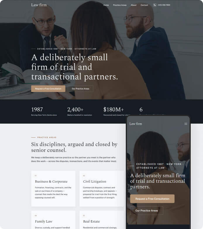 Hero image of a law firm meeting with three professionals; overlay headline reads 'A deliberately small firm of trial and transactional partners.'