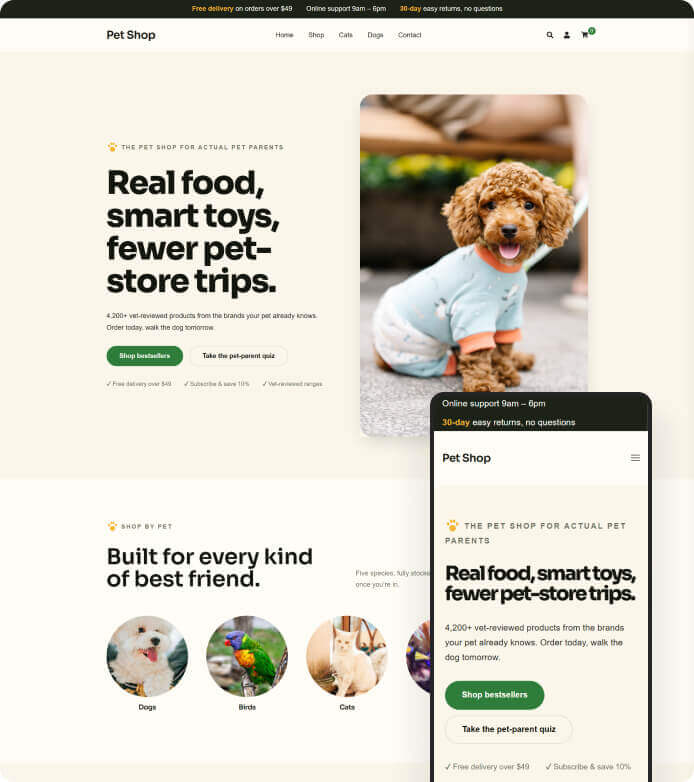 Hero section of a pet shop homepage: a smiling dog in a sweater beside bold headline about real food and smarter toys for pets.