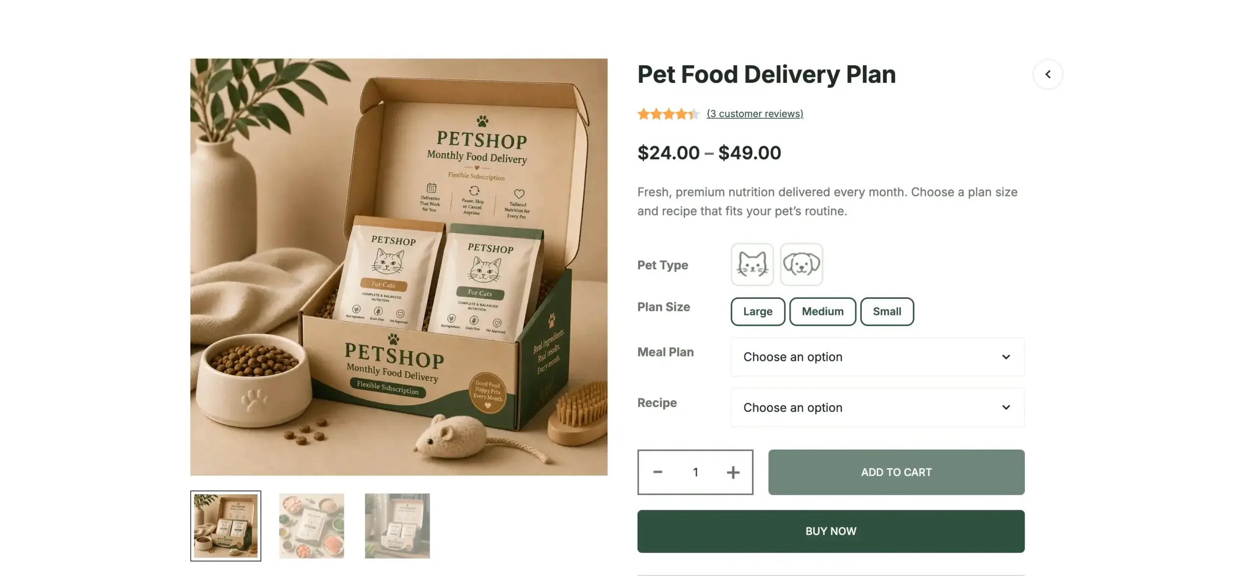 Product page showing the subscription option on the frontend