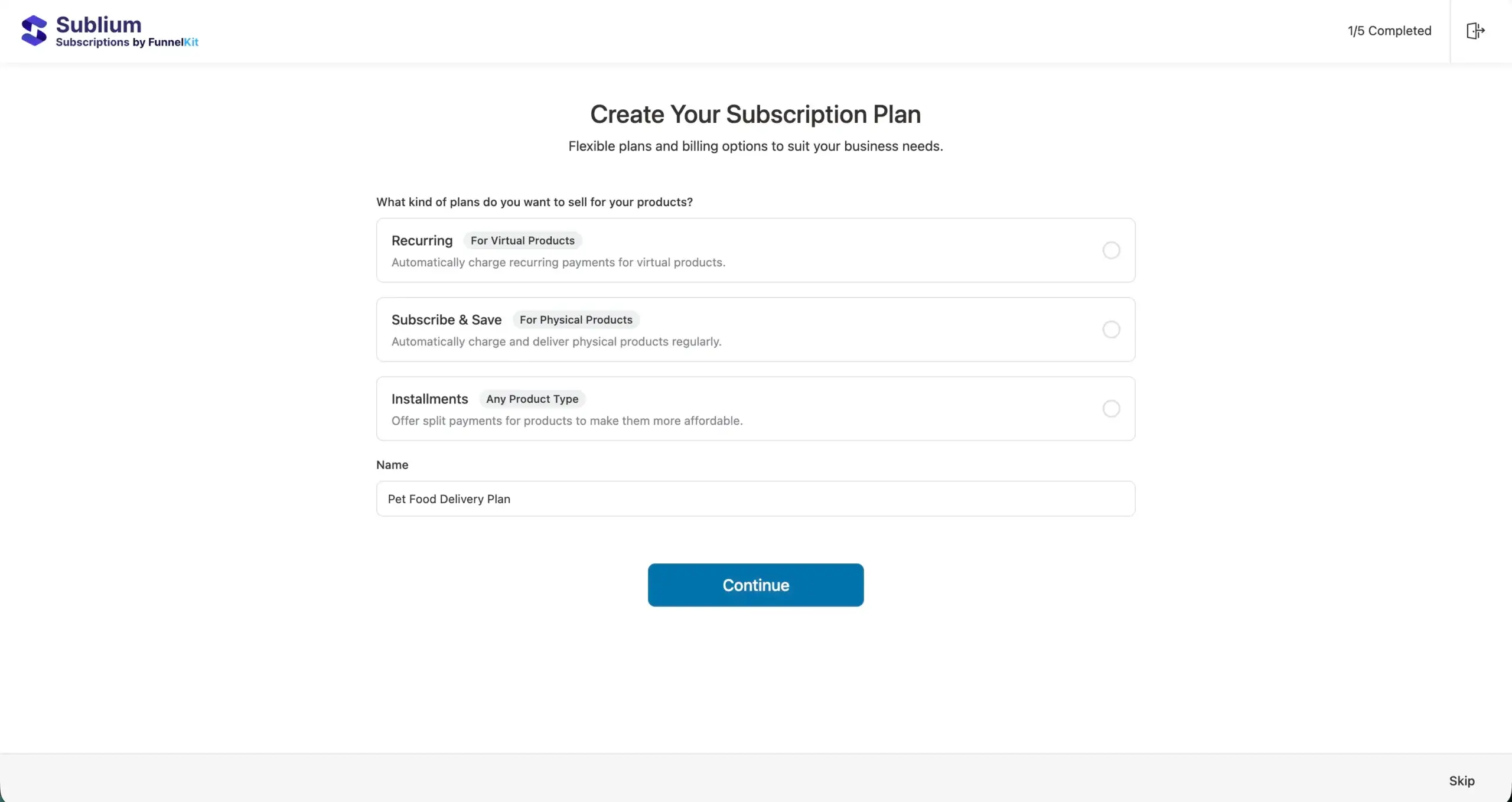 Sublium onboarding wizard, plan setup step