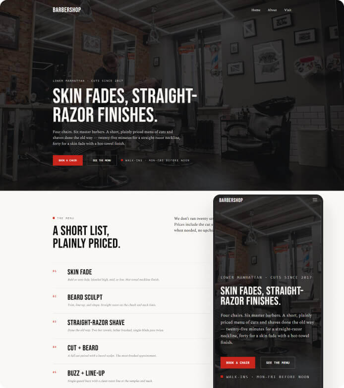Hero section of a darkened barbershop interior with a bold headline: 'Skin Fades, Straight-Razor Finishes' and a red 'Book a chair' button.