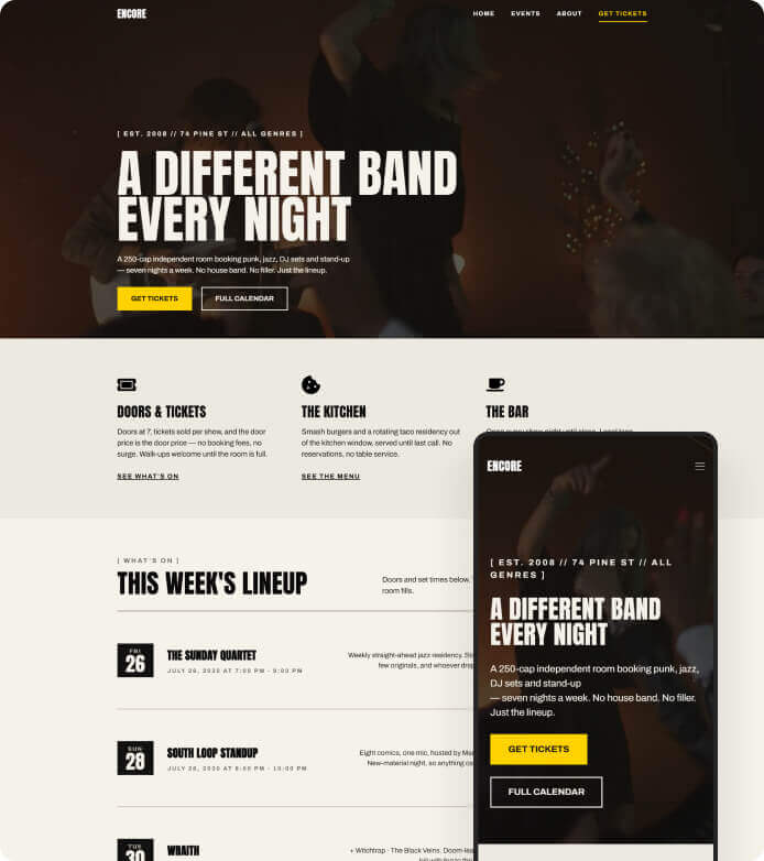 Hero image promoting a live music venue: bold title 'A Different Band Every Night' with yellow 'Get Tickets' and outlined 'Full Calendar' buttons on a dark background.