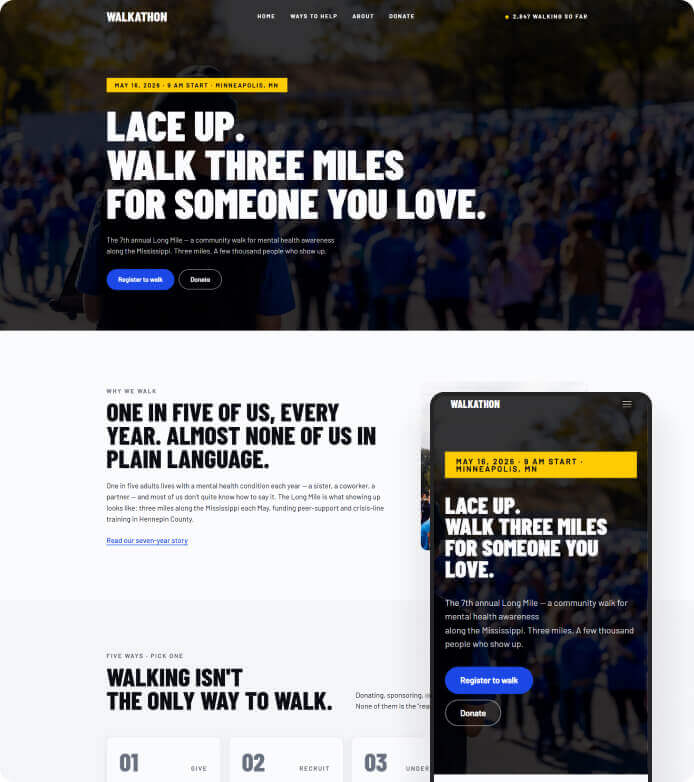 Hero banner promoting a walkathon: bold white text on a crowd background with a yellow date strip and blue/gray buttons 'Register to walk' and 'Donate'. The slogan reads 'Lace up. Walk three miles for someone you love.'
