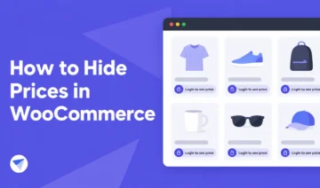 Purple gradient banner with the title 'How to Hide Prices in WooCommerce' and a right-side grid of product cards labeled 'Login to see price'