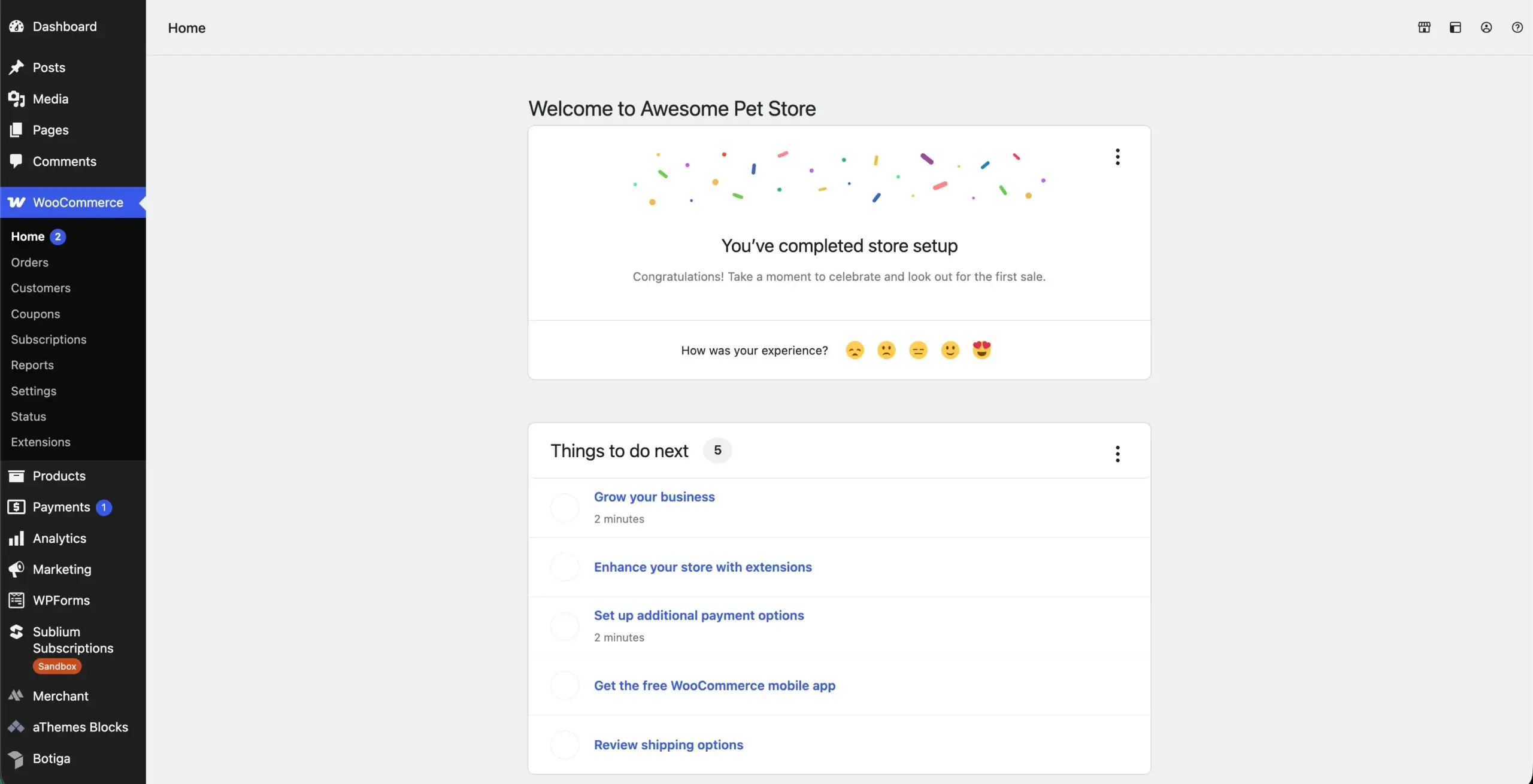 WooCommerce setup tasks as complete