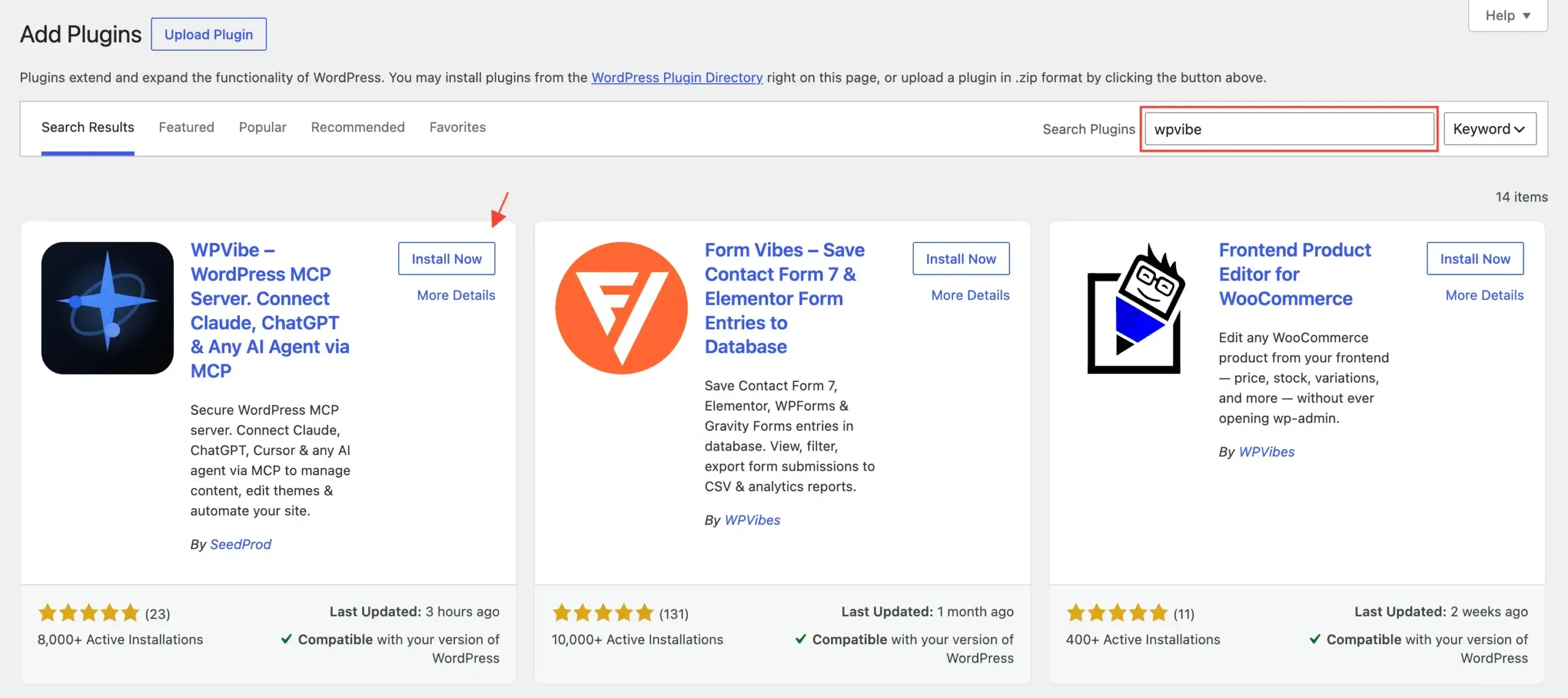 WordPress plugin directory search results for'wpvibe' showing three plugin cards with install buttons.