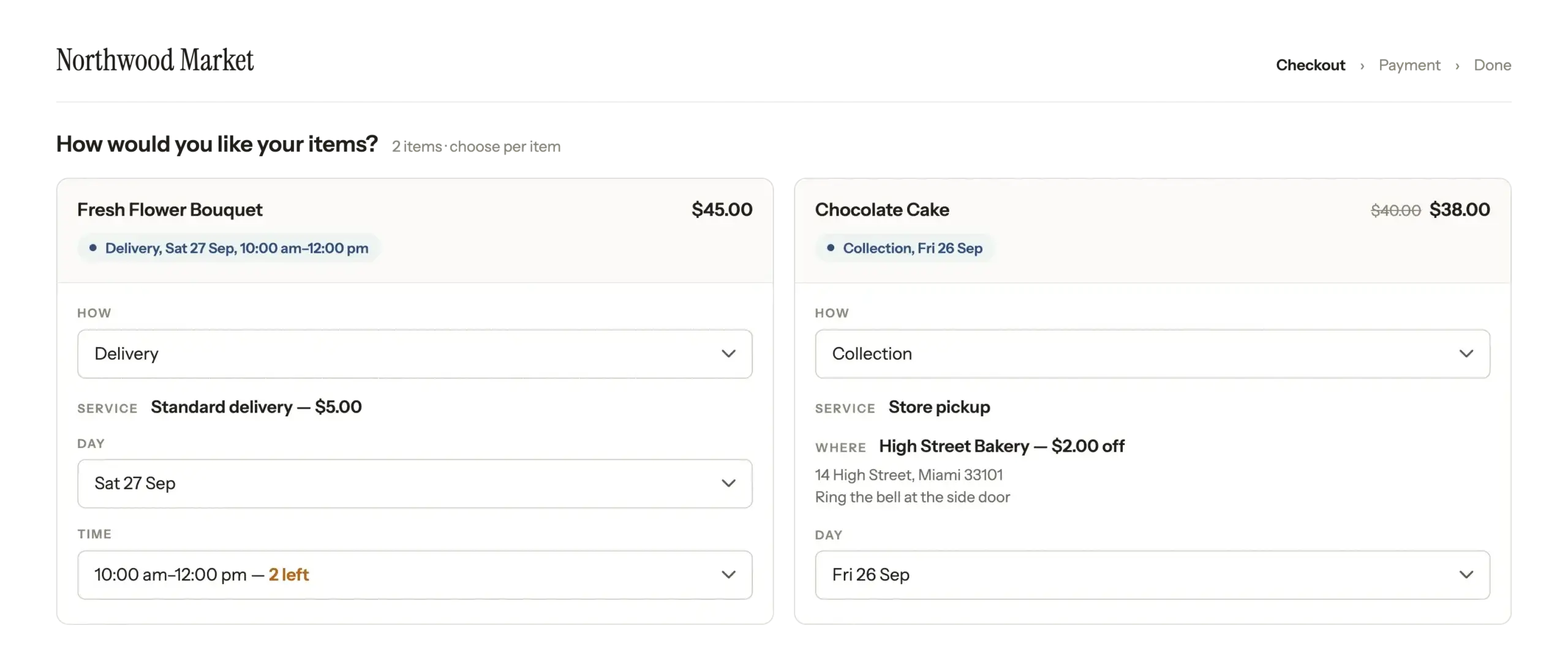 Delivery Pickup Showcase-selection – aThemes Customers choose delivery or collection for each product, right at checkout