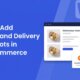 Blue tutorial banner: 'How to Add Pickup and Delivery Time Slots in WooCommerce' with a mock order UI on the right showing a time-slot picker and meal box cards.