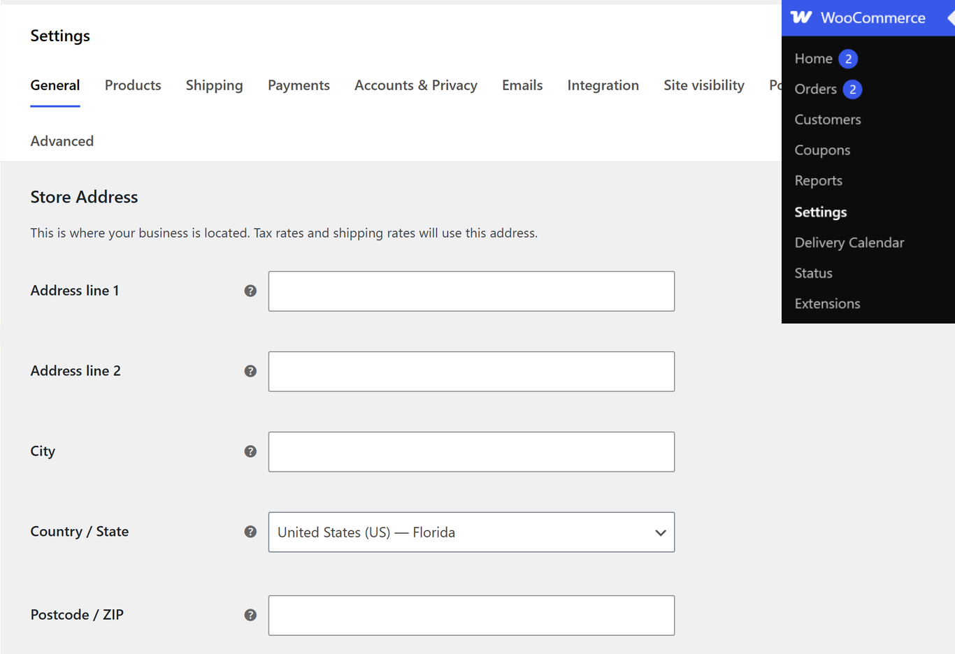 WooCommerce Settings: Store Address form with fields for address line 1, address line 2, city, country/state, and postcode/ZIP.