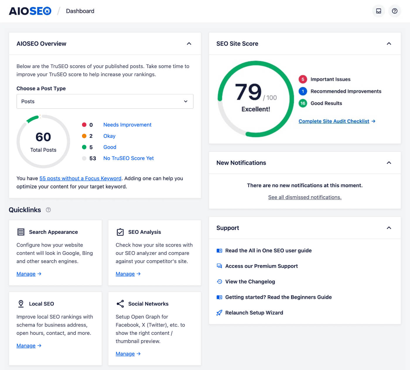 all-in-one-seo-dashboard-1 – aThemes AIOSEO Dashboard with Overview on the left and Score/Notifications on the right, plus Quicklinks and Support sections below.