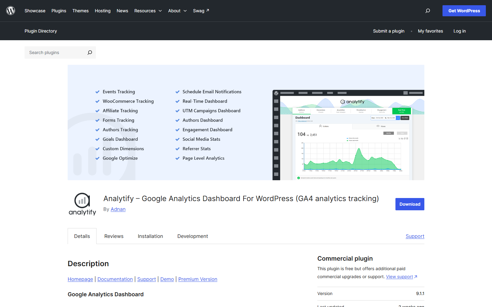 analytify-wporg – aThemes Illustration of Analytify GA4 features list on the left and a WordPress analytics dashboard on the right