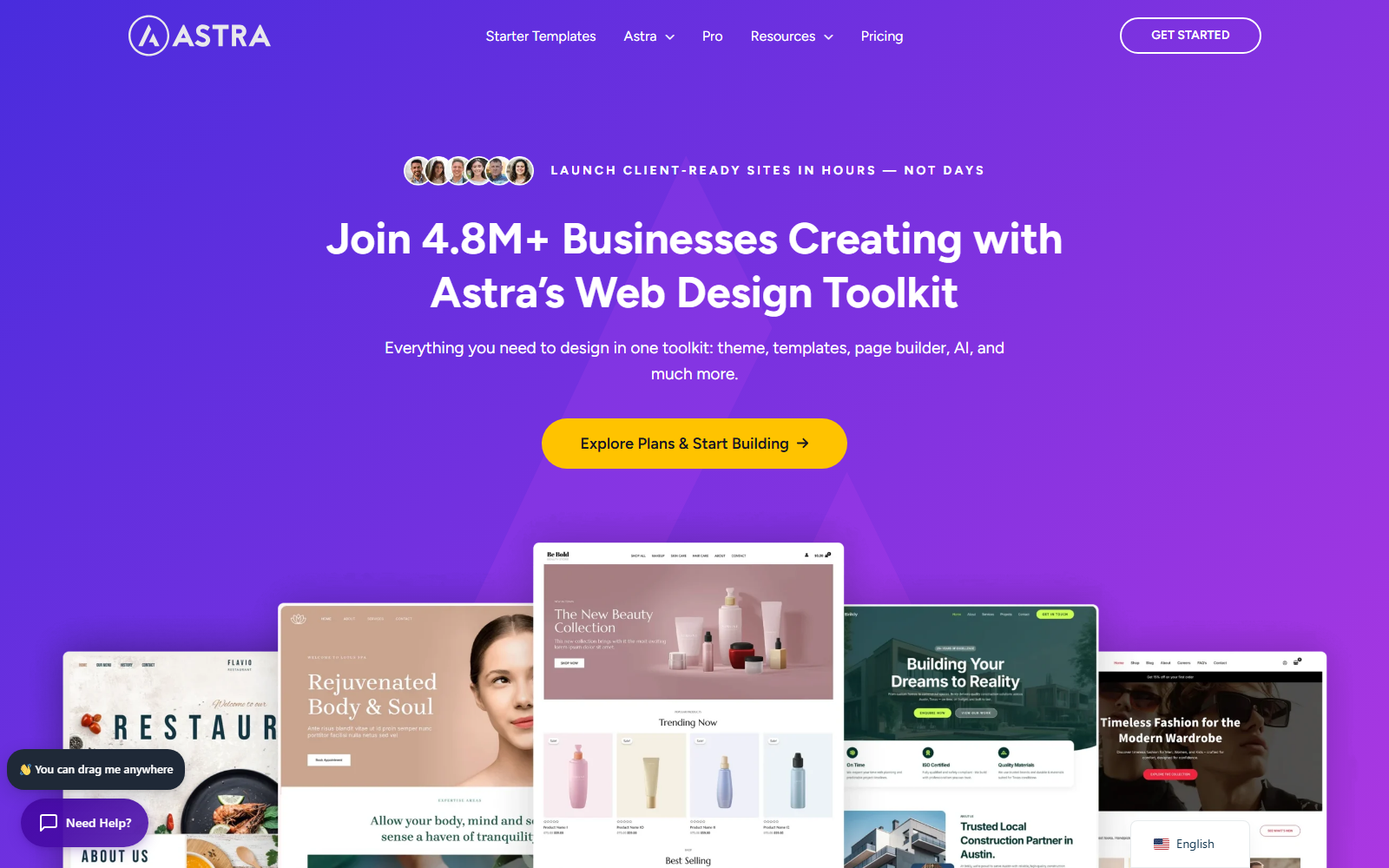 Hero banner for Astra: purple gradient hero with bold headline about 4.8M+ businesses and a yellow CTA button reading 'Explore Plans & Start Building'.