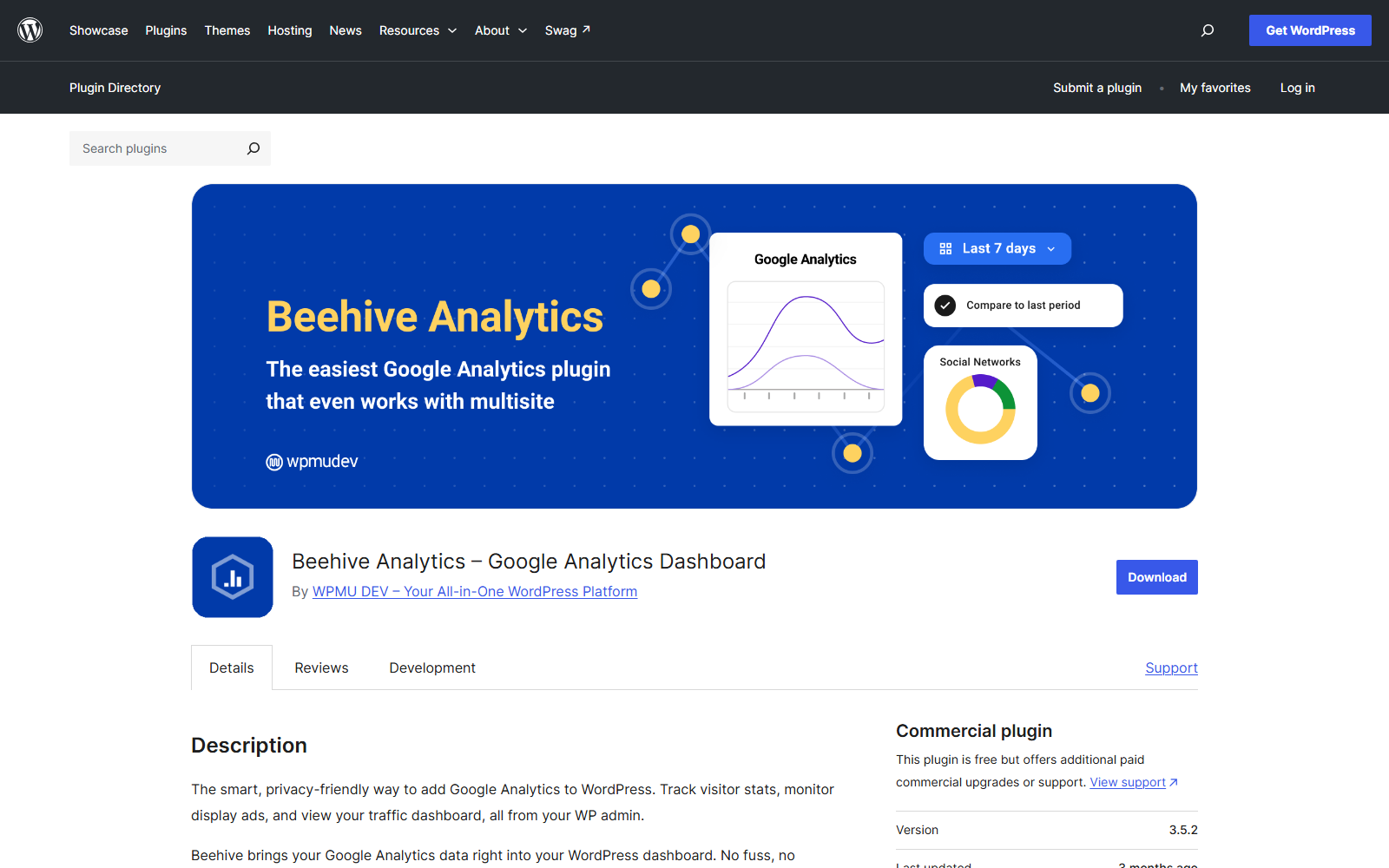 beehive-wporg – aThemes Beehive Analytics hero banner: blue rounded panel with charts and the slogan about the Google Analytics plugin for multisite WordPress sites.
