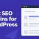 Banner with the text 'Best SEO Plugins for WordPress' on a purple background and a right-side browser UI showing a search bar and an 'SEO score 92' badge.