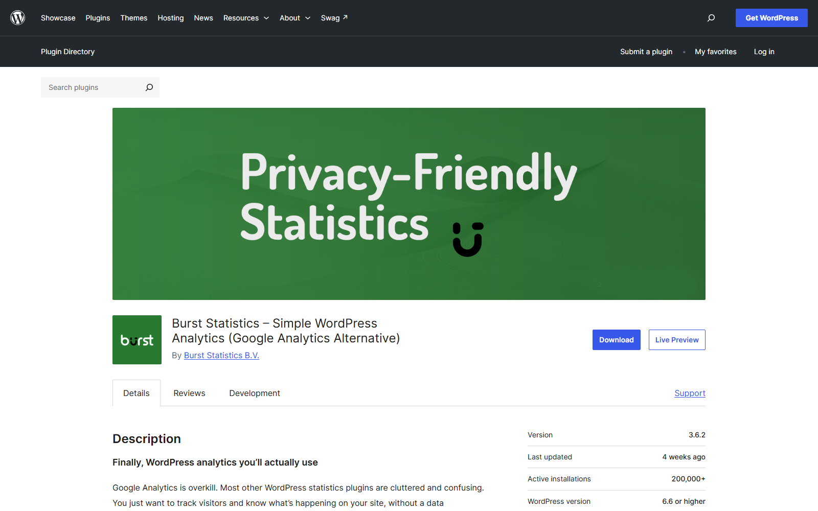 burst-wporg – aThemes Green banner reading 'Privacy-Friendly Statistics' with a small smiley icon on a green gradient background.