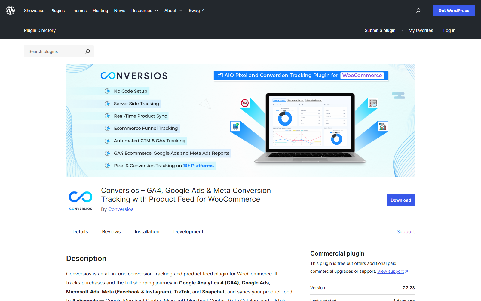 conversios-wporg – aThemes Promotional banner for Conversios plugin showing feature bullets and a laptop screen with analytics graphs on a blue gradient background (WooCommerce).