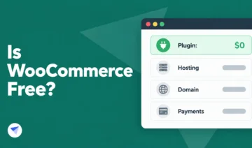 Green hero image asking 'Is WooCommerce Free?' with a floating app panel listing Plugin, Hosting, Domain, Payments.