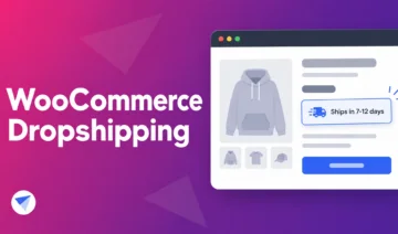 WooCommerce Dropshipping banner with a product mockup showing a hoodie and a delivery badge: Ships in 7-12 days.