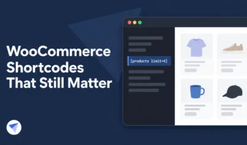 Hero banner: 'WooCommerce Shortcodes That Still Matter' on a dark blue background with a laptop UI showing product cards on the right.