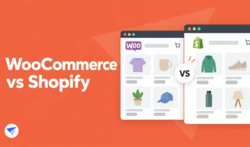 Graphic comparing WooCommerce and Shopify with product cards on an orange background