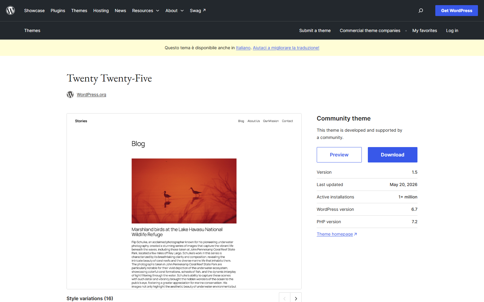 Preview image: WordPress Twenty Twenty-Five theme demo showing a blog layout with a large orange-toned photo of marshland birds at Lake Havasu National Wildlife Refuge.