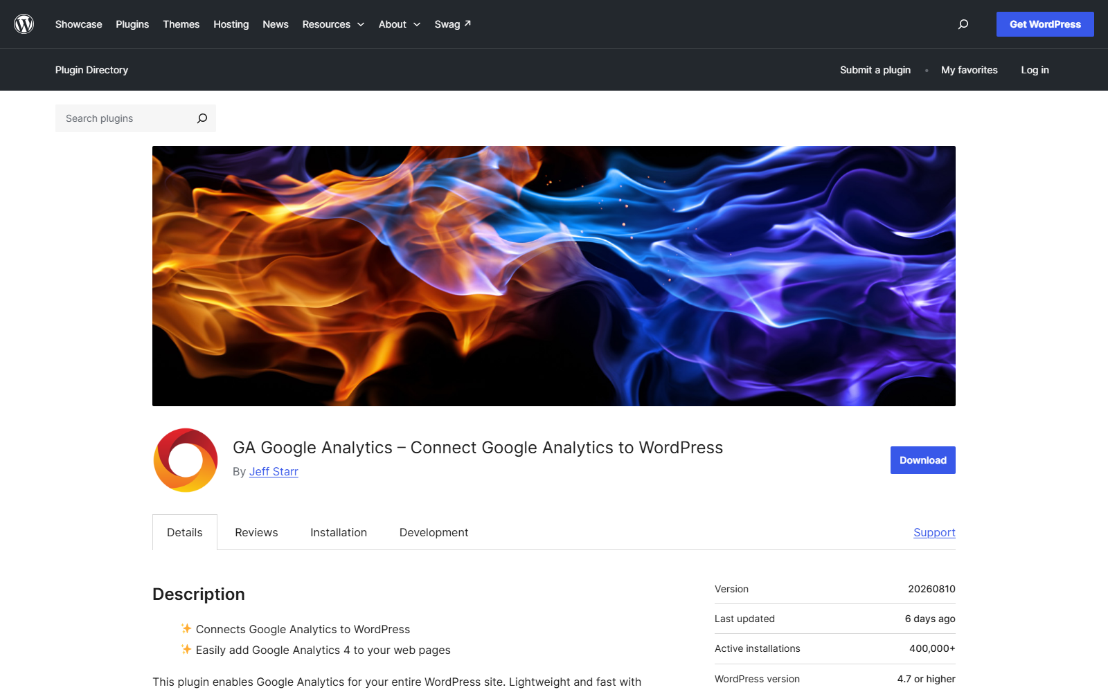 ga-google-analytics-wporg – aThemes Colorful flame banner in orange, blue, and purple above the GA Google Analytics plugin title on a WordPress page