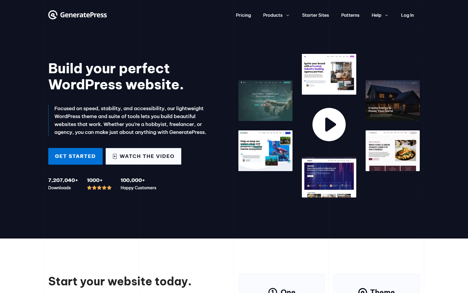Hero section of GeneratePress homepage: dark background, left-aligned headline 'Build your perfect WordPress website' with supporting text and two buttons, right side shows a collage of website thumbnails around a central play button.