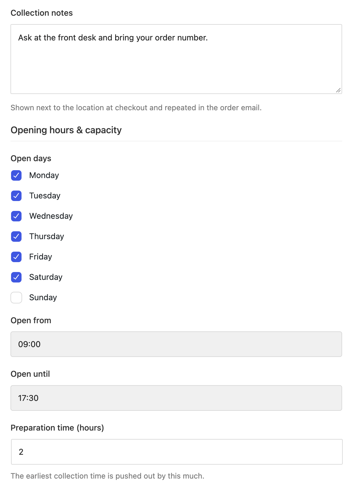 image – aThemes Pickup location settings showing open days Monday to Saturday, hours 09:00 to 17:30, a 2-hour preparation time and a collection note