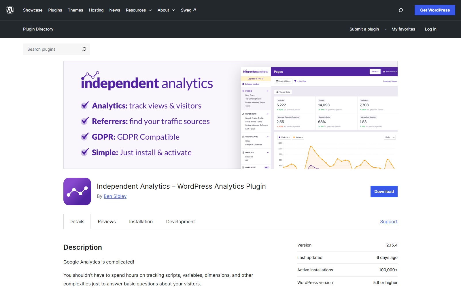independent-analytics-wporg – aThemes Independent Analytics WordPress plugin banner with features list and a dashboard screenshot (purple theme).