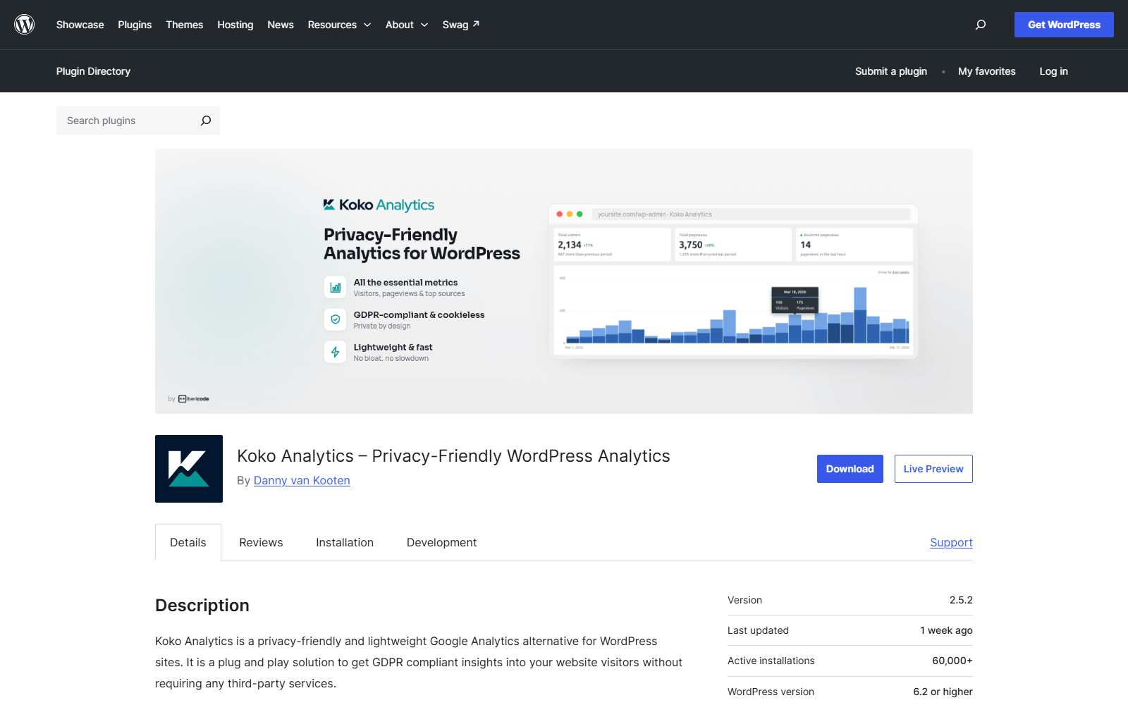 koko-wporg – aThemes Banner image for Koko Analytics plugin: left panel with features and text 'Privacy-Friendly Analytics for WordPress' and a right-side dashboard with a blue bar chart.