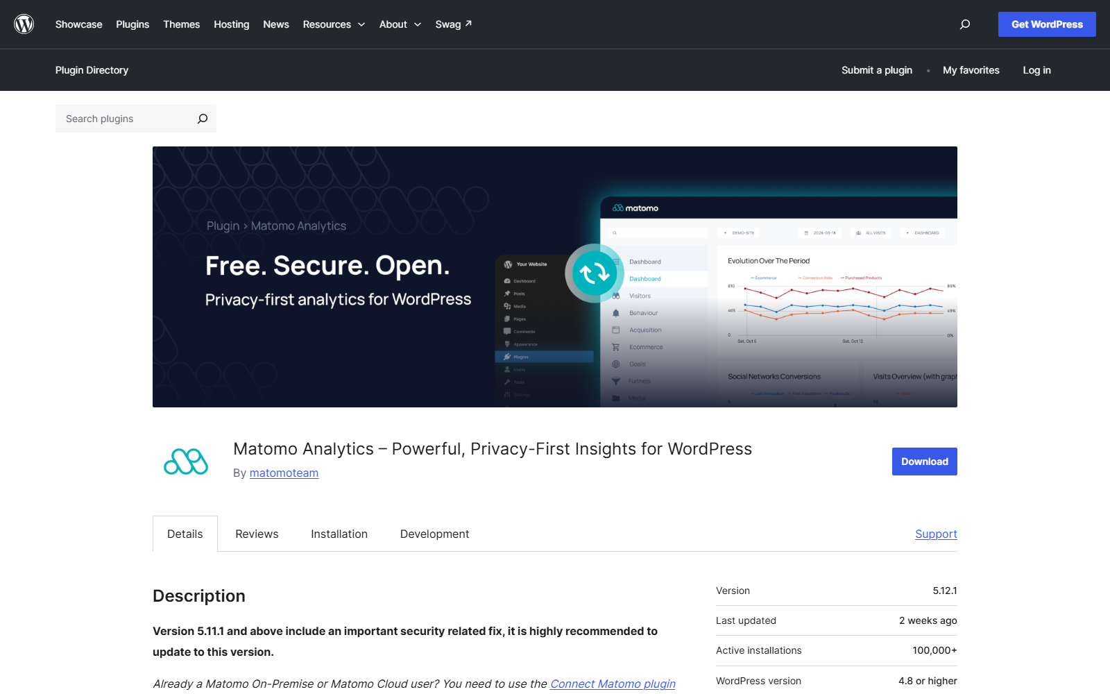 matomo-wporg – aThemes Hero banner for Matomo Analytics plugin: dark gradient with a circular logo and a dashboard screenshot