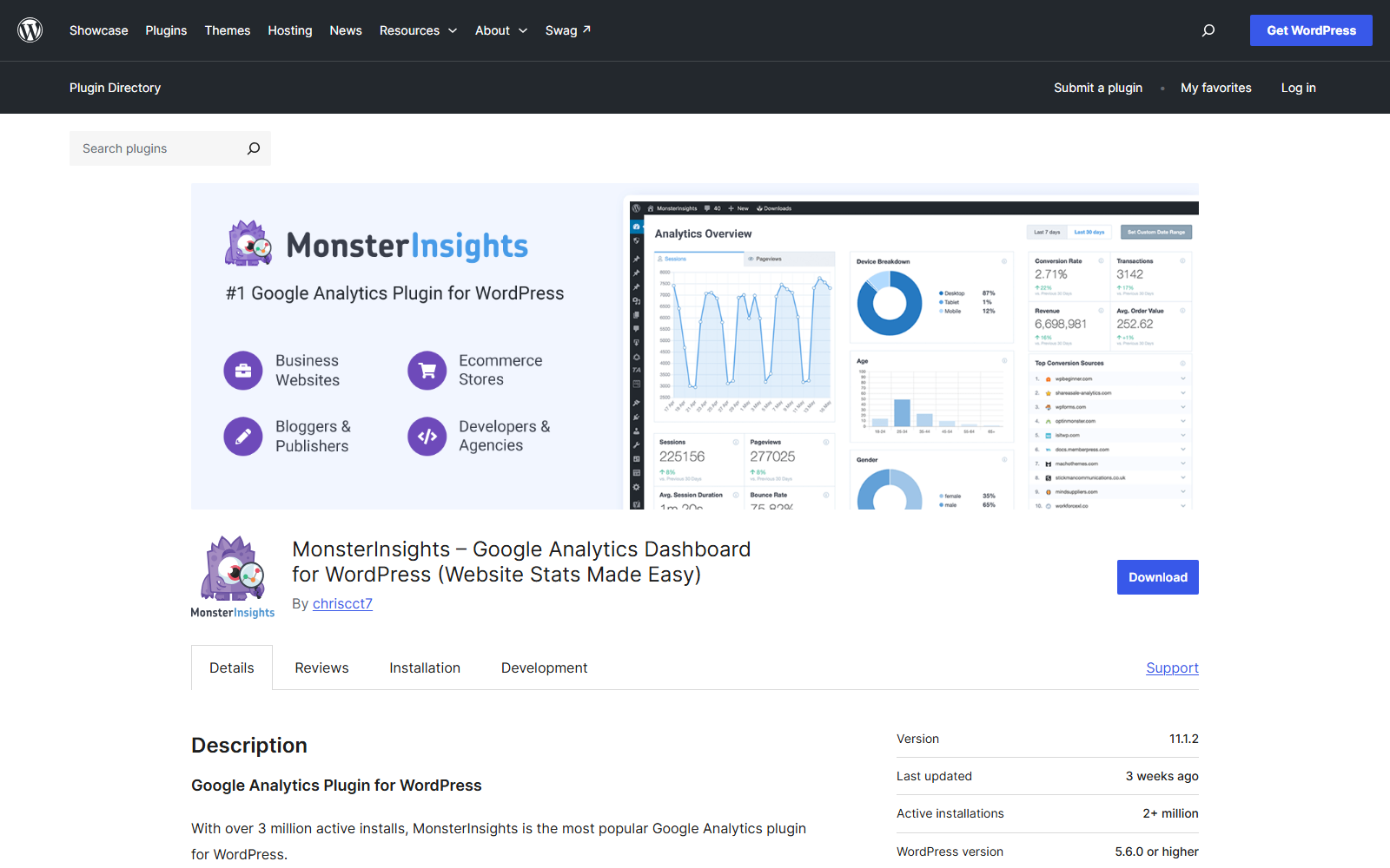 monsterinsights-wporg – aThemes MonsterInsights banner showing the Google Analytics dashboard for WordPress (website stats made easy).