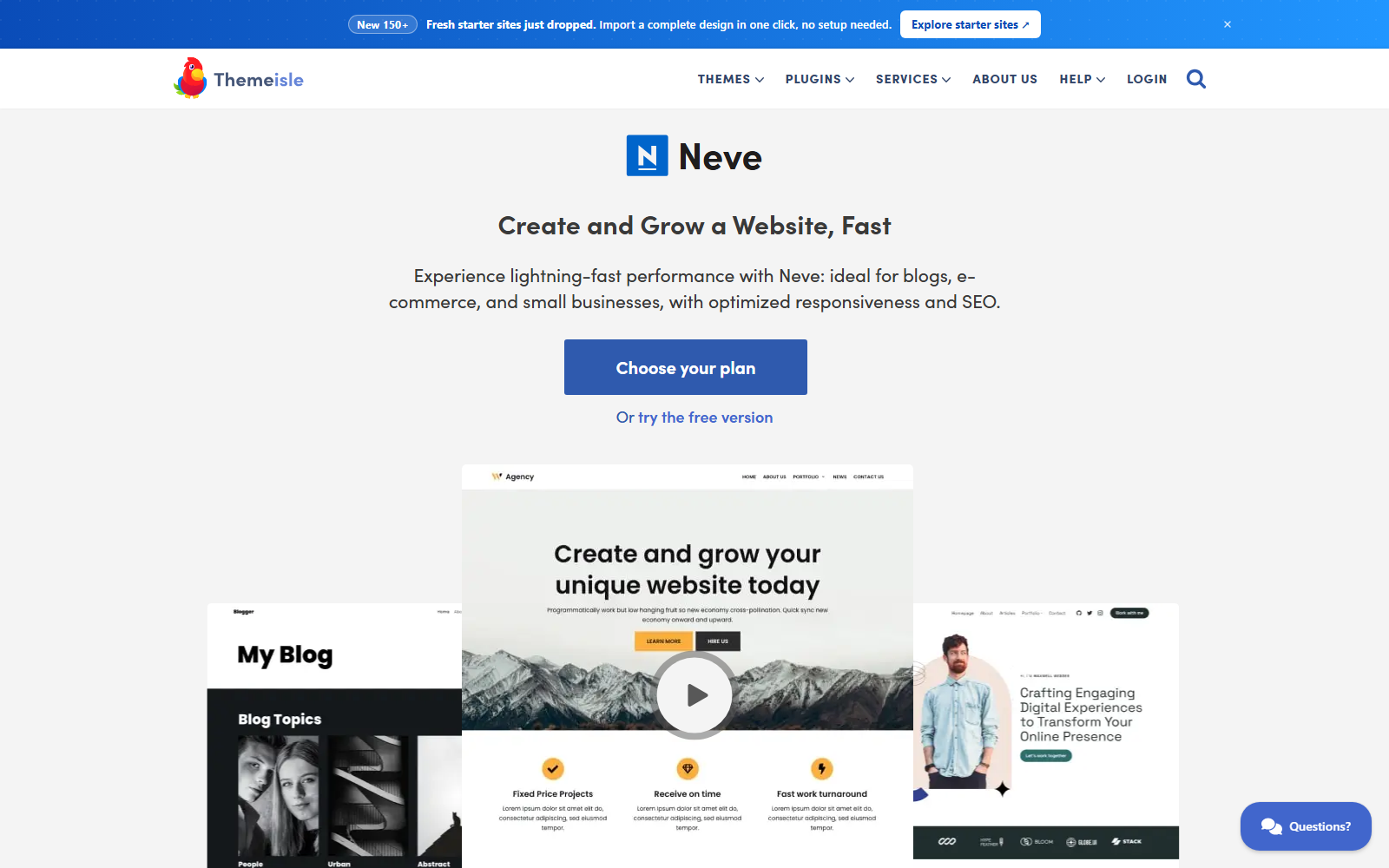 Hero of ThemeIsle Neve landing page: blue header with logo, centered Neve title and subtitle about fast website creation, a primary 'Choose your plan' button, a 'Or try the free version' link, and a montage of sample sites.