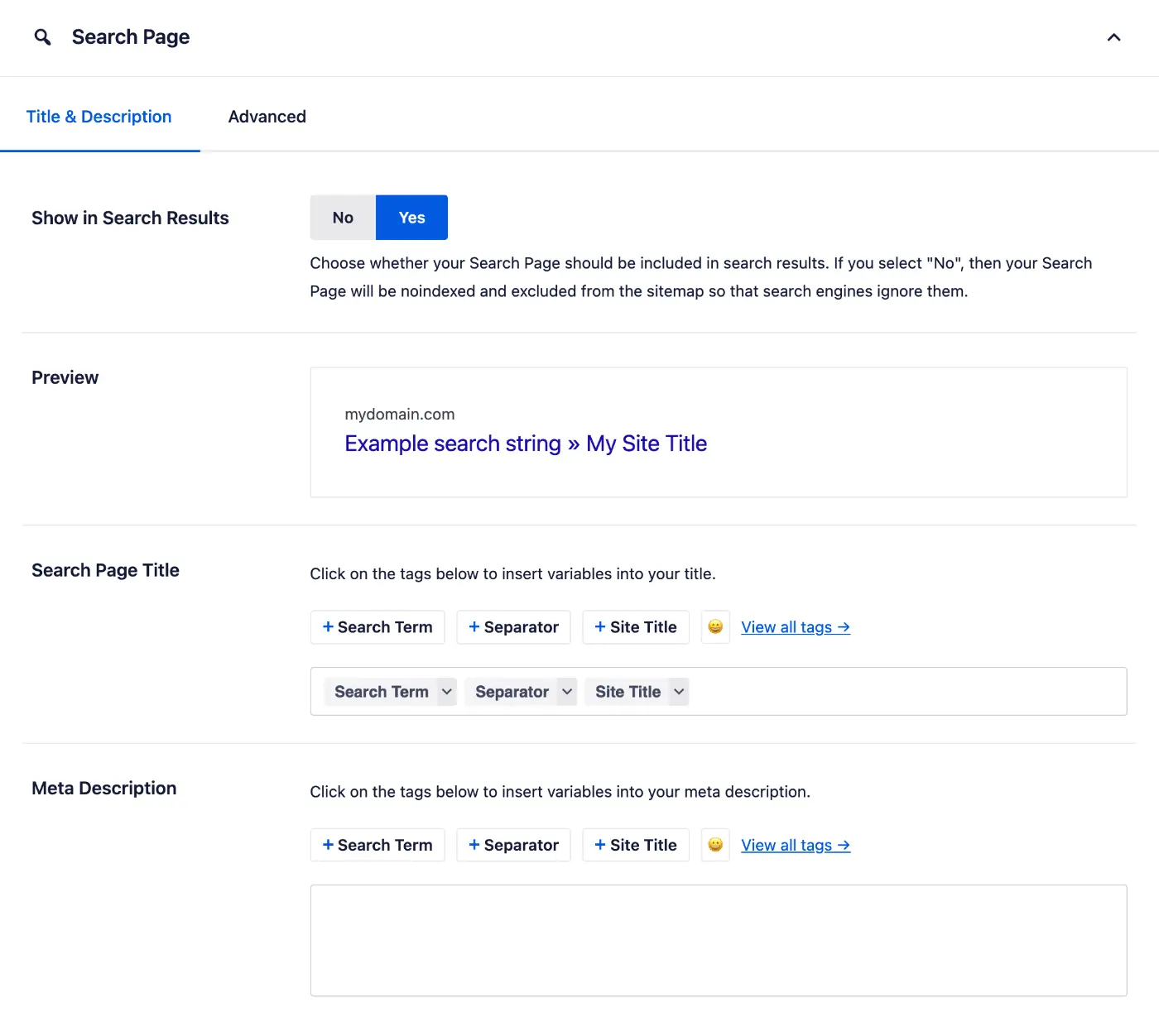 search-results-section-in-search-appearance – aThemes Screenshot of a search page settings panel: Title & Description tab, Show in Search Results set to Yes, with Preview showing 'Example search string » My Site Title'. Shows Search Page Title and Meta Description sections with tag buttons.